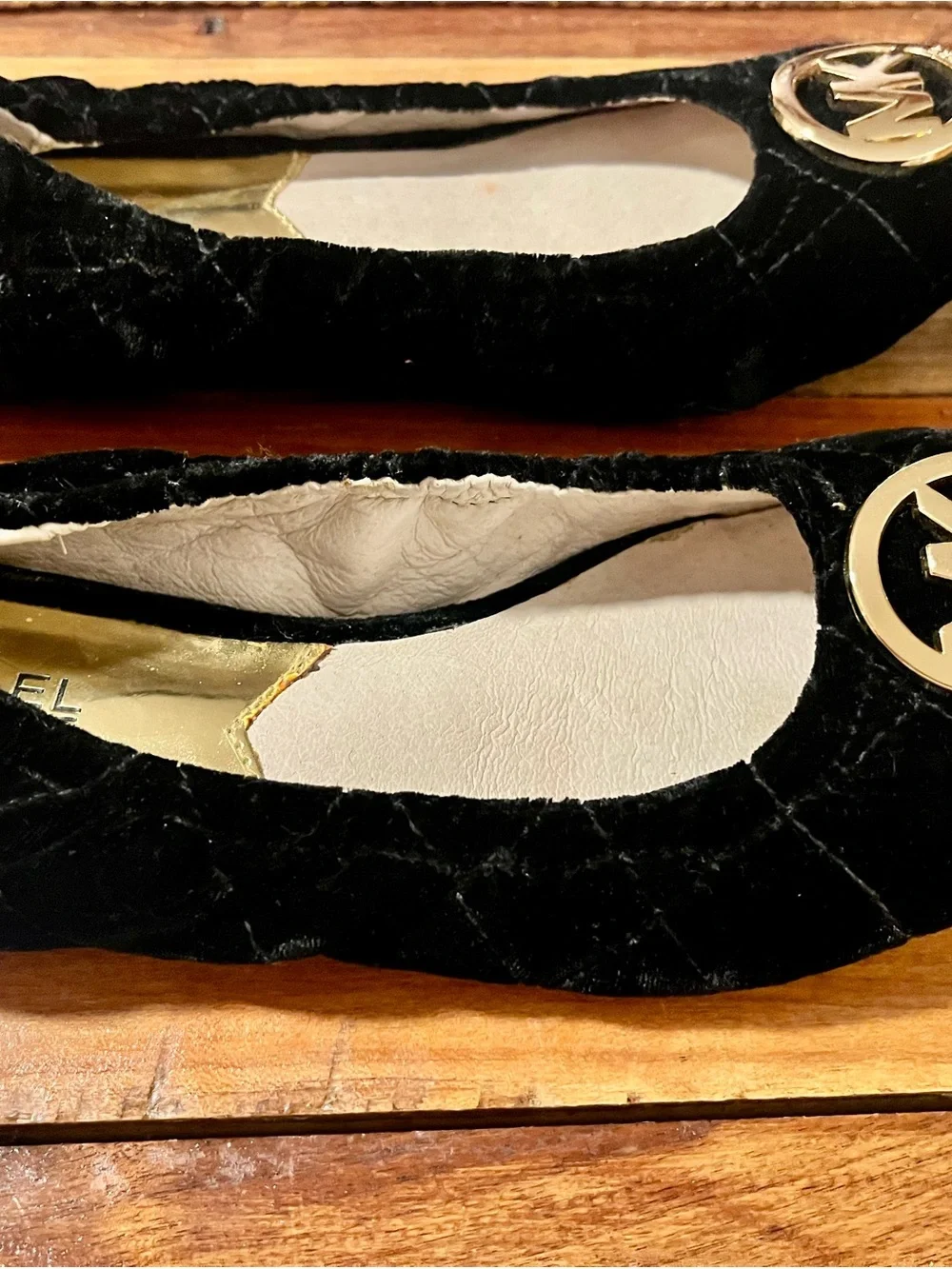 Michael Kors Black Velvet Ballet Flats with Gold MK Emblems Sz 7M